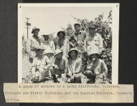 [recto] A group of workers in a Lodi, California, vineyard. Pictured are Mickey Yoshimoto and the Komatsu Brothers, formerly of Gila. ;  Photographer: Iwasaki, Hikaru ;  Lodi, California.
