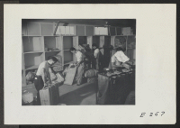 [recto] A crew of postal workers engaged in sorting packages at the Jerome Center Post Office, called Denson, Arkansas. ;  Photographer: Parker, Tom ;  Denson, Arkansas.