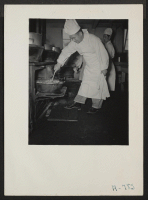 [recto] Kitchen crew preparing lunch. Menu: Baked macaroni with Spanish sauce, spinach, pickled beets, bread-pudding, tea, bread and butter. Dave K. Yoshida, chef. Former occupation: chef for Benjamin Franklin Hotel. Former residence: Seattle, Washington. ;  Ph