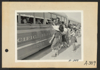 [recto] Poston, Ariz.--Arrival of evacuees of Japanese ancestry at this War Relocation Authority center. This is an important event as friends and families are reunited. ;  Photographer: Clark, Fred ;  Poston, Arizona.