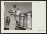 [recto] S. Ishimoto, former resident of El Centro, California, is shown at the dairy farm school here. He will be the milk barn foreman as soon as it has been completed, but now is helping to train evacuee students. At El Centro, he owned and operated a 200 cow d