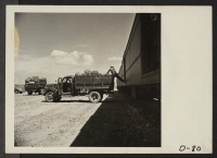 [recto] Eden, Idaho--The baggage of approximately six hundred evacuees from the assembly center at Puyallup, Washington, is taken from the train by truck to their new homes at the Minidoka War Relocation Authority center. ;  Photographer: Stewart, Francis ;