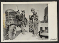 [recto] Tulelake, Calif.--Douglas Puckett and George M. Smith, Tulelake farmers. ;  Photographer: Albers, Clem ;  Newell, California.