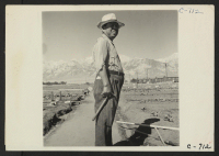 [recto] Manzanar, Calif.--This evacuee is foreman of the Hobby Gardens project at this War Relocation Authority center. ;  Photographer: Lange, Dorothea ;  Manzanar, California.