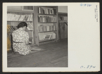 [recto] Manzanar, Calif.--A corner in the library at this War Relocation Authority center for evacuees of Japanese ancestry. This section contains books in the Japanese language most of which are translations of English classics. ;  Photographer: Lange, Dorothe