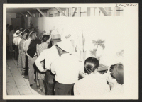 [recto] Admiring lines of evacuees files through a recreation hall, which exhibited floral arrangements made by local craftsmen. ;  Photographer: Stewart, Francis ;  Newell, California.