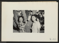 [recto] Manzanar, Calif.--Florence Yamaguchi (left), and Kinu Hirashima, both from Los Angeles, are pictured as they stood under an apple tree at Manzanar, a War Relocation Authority center for evacuees of Japanese ancestry. ;  Photographer: Stewart, Francis