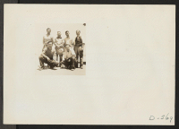 [recto] Manzanar, Calif.--a group of Block Leaders who are drawing up the Constitution for this War Relocation Authority center. They are: front row (L to R), Karl Yoneda, H. Inouye; Back row (L to R), Bill Kito, Ted Akahoshi, Tom Yamazaki, and Harry Nakamura.