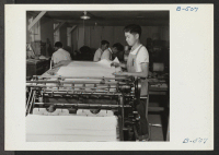 [recto] Tamio Yamada, former student in press work at the Frank Wiggins Trade School in Los Angeles. Photo shows Tamio feeding an issue of the Poston Chronicle into the new flat press. ;  Photographer: Stewart, Francis ;  Poston, Arizona.