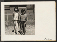 [recto] Tanforan Assembly Center, San Bruno, Calif.--Young evacuees at this Assembly Center begged to have their pictures taken. ;  Photographer: Lange, Dorothea ;  San Bruno, California.