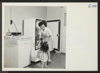 [recto] Mrs. Taft Beppu hands Penny, her two-year-old daughter, a soft drink from the electric refrigerator in the kitchen of her ...