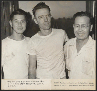 [recto] Enroute to Los Angeles were Dr. Nagai, Robert Allison (W.R.A. Rep.), and Mr. K. Inouye from the Rohwer Relocation Center. ;  Photographer: Iwasaki, Hikaru ;  Los Angeles, California.