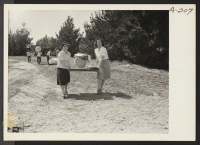 [recto] Evacuees of Japanese ancestry arrive at this assembly center with their personal effects. They will later be transferred to a War Relocation Authority Center to spend the duration. ;  Photographer: Albers, Clem ;  Salinas, California.