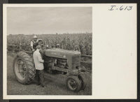 [recto] Rokuro Okubo stops his tractor to talk to a Chicago District Office relocation officer, W. W. Lessing (back to camera) ...
