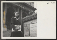 [recto] Chiyeko Juliet Fukuoka leaves the portals of the New York Public Library. Formerly of San Francisco, California, where she attended ...