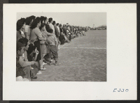 [recto] A crowd of evacuees watching a football game between teams representing Stockton and Santa Anita Assembly Centers. ;  Photographer: Parker, Tom ;  McGehee, Arkansas.