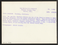 [verso] Mr. and Mrs. Masataro Tabuchi was one of the first to return to their hometown, Stockton, from the Rohwer Relocation ...