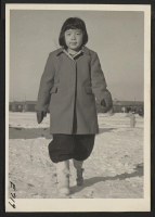 [recto] Home from school goes Reiko Tsujimura. Her father, a former Los Angeles candy wholesaler, now manages community store #3 at the center. ;  Photographer: Parker, Tom ;  Heart Mountain, Wyoming.