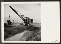 [recto] Tule Lake, Newell, Calif.-- A dredge is used to dig a drainage ditch on the farm at this War Relocation Authority center. As this picture shows, water is found only a few feet under the surface of the earth. ;  Photographer: Stewart, Francis ;  Newell