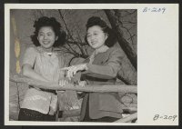 [recto] Toshiko Mikami and Kazuko Sakai, pretty Nisei girls, visit the picnic ground located on the banks of Shepards Creek, which runs through this recreation center. ;  Photographer: Stewart, Francis ;  Manzanar, California.