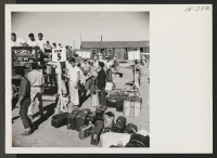 [recto] Sorting and loading hand luggage, which arrived on trip 24 at Heart Mountain from Tule Lake. The handling of baggage was very efficiently organized and new arrivals often found their possessions waiting for them when they reached their assigned barracks.