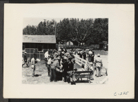 [recto] Turlock, Calif.--Baggage is inspected as families arrive at the Turlock Assembly Center. Evacuees of Japanese ancestry will be transferred later to War Relocation Authority centers where they will spend the duration. ;  Photographer: Lange, Dorothea