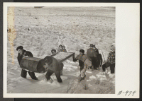 [recto] A pleasant Sunday afternoon's recreation is spent by evacuee winter sports enthusiasts, on the slopes of Castle Mountain. Home made sleds and various other home made pieces of equipment were used by these young people. ;  Photographer: Stewart, Francis