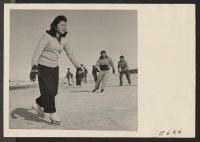 [recto] By the third time he had been to an ice skating rink, the thing to do is set off with confidence. This young Nisei girl of Japanese ancestry now residing at Heart Mountain has a look of determination as she masters a new sport for former Californians.