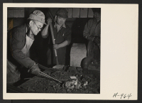 [recto] Evacuee blacksmiths do all the blacksmith work necessary in the garage, at this relocation center. ;  Photographer: Stewart, Francis ;  Newell, California.