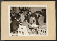 [recto] Residents of Japanese ancestry are being registered prior to their evacuation to assembly centers from where they will later be transferred to War Relocation Authority centers to spend the duration. ;  San Francisco, California.