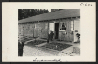 [recto] Another view of the barracks, living quarters for families evacuated from San Francisco on April 29. Note the flower garden and numerous evidences of care of their surroundings. These barracks were formerly horse stalls. ;  Photographer: Lange, Dorothea