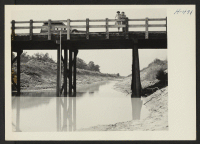 [recto] Closing of the Jerome Center, Denson, Arkansas. One of the main canals dug to drain the Jerome Center's farming area. The bridge was constructed by the evacuees. ;  Photographer: Mace, Charles E. ;  Denson, Arkansas.