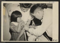 [recto] Manzanar, Calif.--This little evacuee is being vaccinated by an evacuee nurse, and doctor, as are other evacuees upon arrival at War Relocation Authority centers. ;  Photographer: Albers, Clem ;  Manzanar, California.
