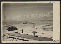 [recto] Manzanar, Calif.--Construction begins at Manzanar, now a War Relocation Authority center for evacuees of Japanese ancestry, in Owens Valley, flanked by the High Sierras and Mt. Whitney, loftiest peak in the United States. ;  Photographer: Albers, Clem