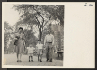 [recto] Walking along Riverside Drive in New York City are members of three generations of the Saiki family, voluntary evacuees from ...