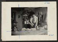 [recto] George Adachi, former California University student of Entomology, slices onions as a part of the evening meal for himself and 5 beet topping companions. ;  Photographer: Parker, Tom ;  Milliken, Colorado.