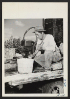 [recto] Atsusa Sakuma, a former strawberry farmer form Mt. Vernon, Washington, is here shown making a spray mixture to combat potato blight on the large farm near Chicago where he is now relocated and employed. Sakuma is from the Tule Lake Center. ;  Photograph