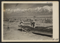 [recto] Manzanar, Calif.--Construction begins at Manzanar, now a War Relocation Authority center for evacuees of Japanese ancestry, in Owens Valley, flanked by the High Sierras and Mt. Whitney, loftiest peak in the United States. ;  Photographer: Albers, Clem