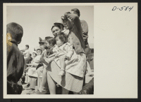 [recto] A group of evacuees watching a Memorial Day service . The Boys Scouts took a leading part in the ceremony held at this War Relocation Authority Center. ;  Photographer: Stewart, Francis ;  Manzanar, California.