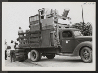 [recto] Crated belongings of evacuees being loaded for transit to railhead for shipment to Tule Lake Center. ;  Rivers, Arizona.