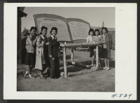 [recto] New Year's Fair. A group of pretty Niseis pose beside the sign program at the fair to be held to commemorate New Year's at Camp No. 2. ;  Photographer: Stewart, Francis ;  Poston, Arizona.