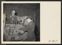 [recto] An expert job of motor repairing is done on a heavy truck by garage mechanics. All repair work on cars, trucks, tractors, and other motor vehicles is done by evacuee mechanics. ;  Photographer: Stewart, Francis ;  Newell, California.