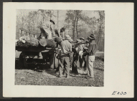 [recto] Loading cut timber for hauling to the center operated sawmill. The land is being cleared for agriculture and the wood is used for construction and fuel. ;  Photographer: Parker, Tom ;  Denson, Arkansas.