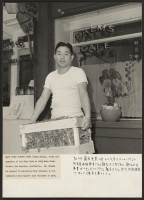 [recto] Pictured is Keeko Suzuki, owner and operator of the Palm Cafe at 328-1/2 East First Street, Los Angeles, California. Mr. Suzuki reports that business is good. He employs four other evacuees in his restaurant. ;  Photographer: Iwasaki, Hikaru ;  Los An