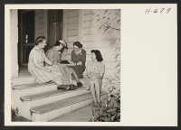 [recto] The staff of the Pasadena Hostel planning accommodations for additional returnees. Left to right: Miss Sarah Field, manager; Mrs. Kengo ...