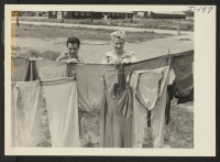 [recto] Closing of the Jerome Center, Denson, Arkansas. Laundering facilities were nil during the closing days of the Jerome Center. Two young ladies from the Denver office who went to Jerome to help with the closing operations are snapped helping out in this res