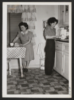 [recto] Mrs. George Isoda (left) and Mrs. Masumi Kaneko (right) are preparing supper for their husbands in the kitchen of their ...