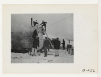 [recto] Quick work, by the evacuee Fire Department, kept the fire, which broke out in the office located at the old hog farm, from doing other than minor damage. ;  Photographer: Stewart, Francis ;  Newell, California.