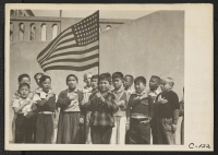 [recto] San Francisco, Calif.--Flag of allegiance pledge at Raphael Weill Public School, Geary and Buchanan Streets. Children in families of Japanese ...