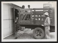 [recto] Freight being unloaded at warehouse for shipment to Tule Lake Center later. ;  Rivers, Arizona.